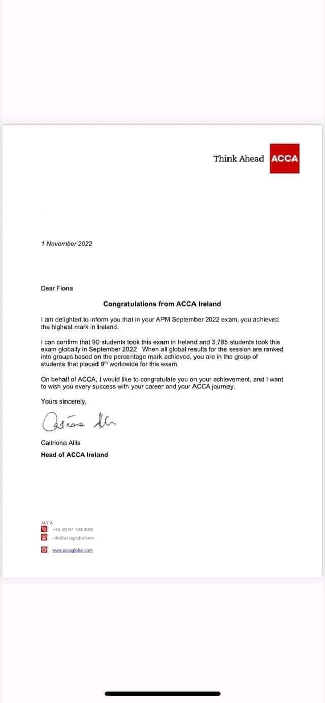 Fiona — Advanced Performance Management (APM) — Highest Mark, Ireland