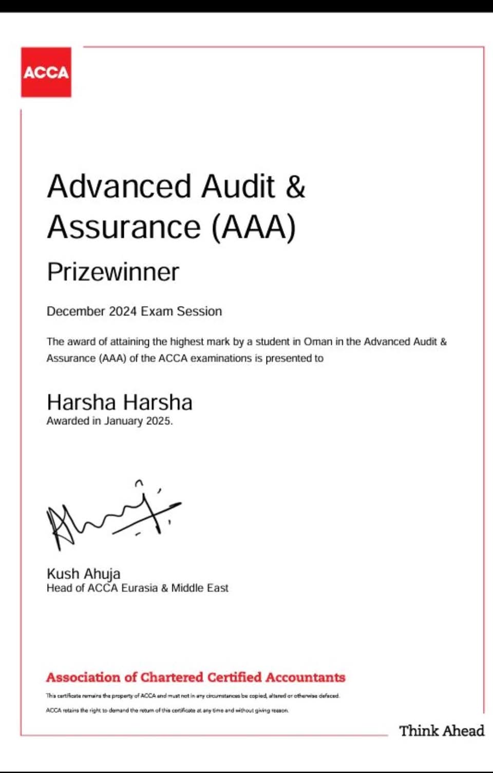 Harsha Harsha — Advanced Audit & Assurance (AAA) — Prizewinner