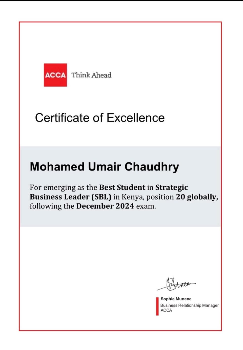 Mohamed Umair Chaudhry — Certificate of Excellence