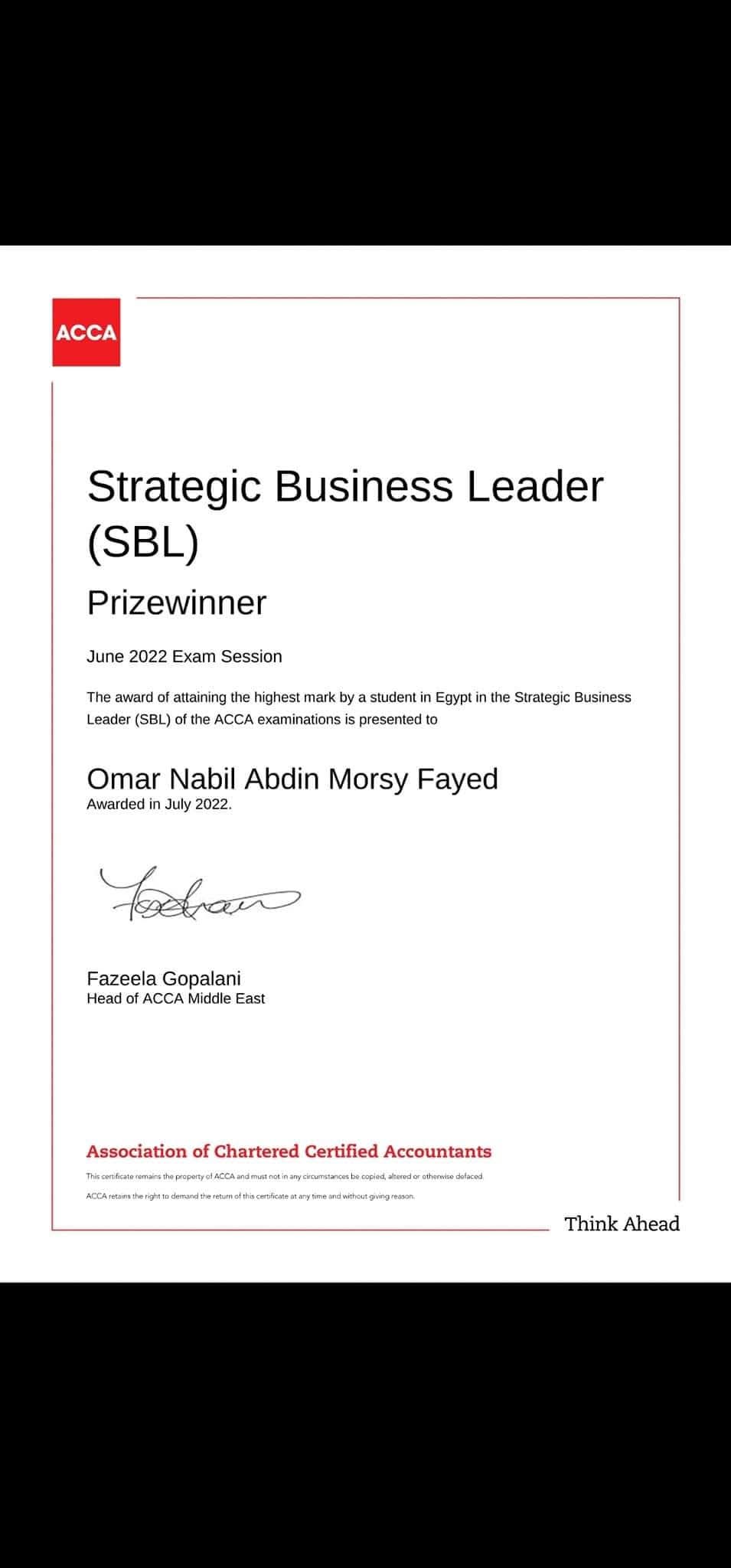 Omar Nabil Abdin Morsy Fayed — Strategic Business Leader (SBL) — Prizewinner